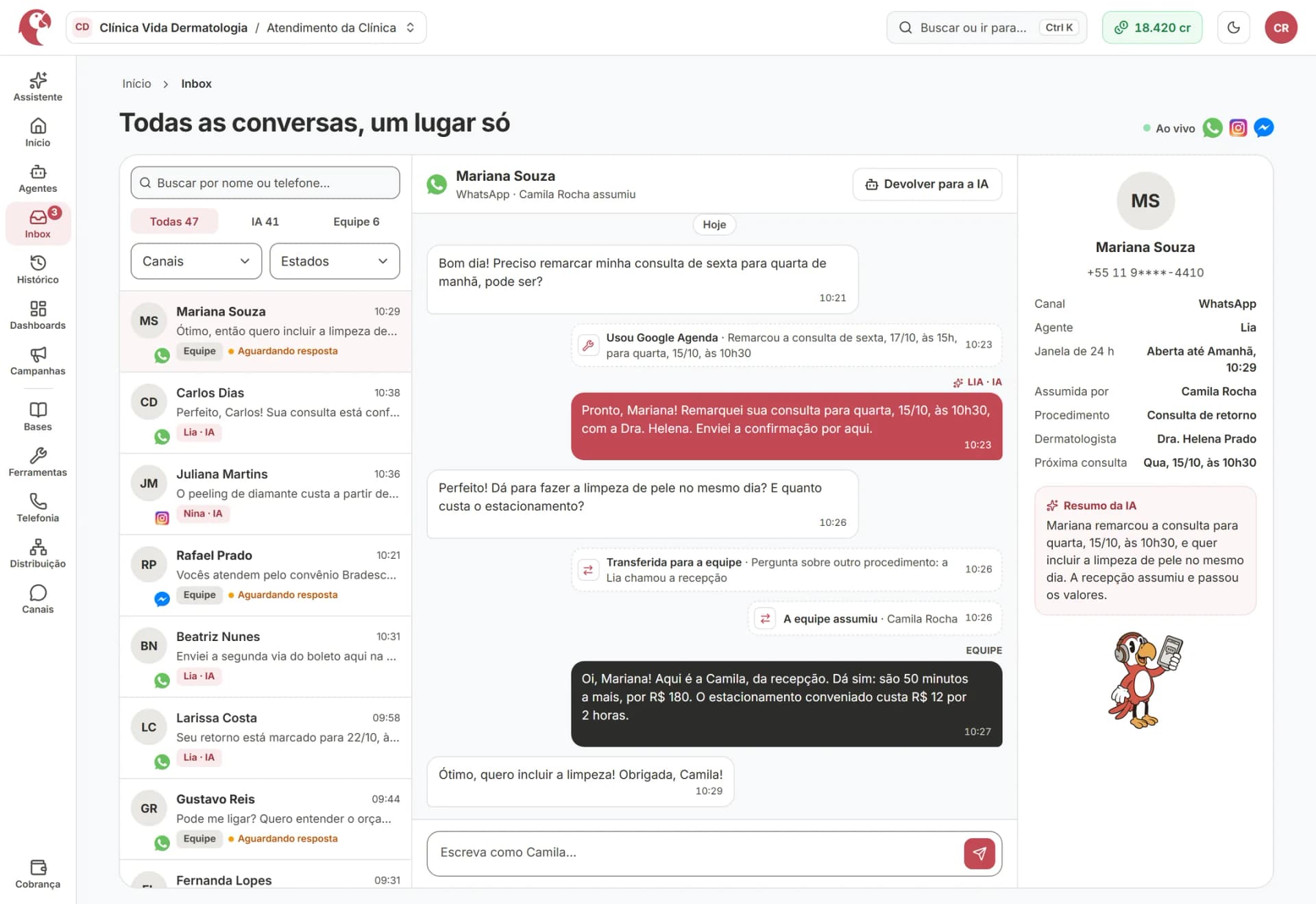Inbox da Integra com conversas de WhatsApp, Instagram e Messenger atendidas pelo agente